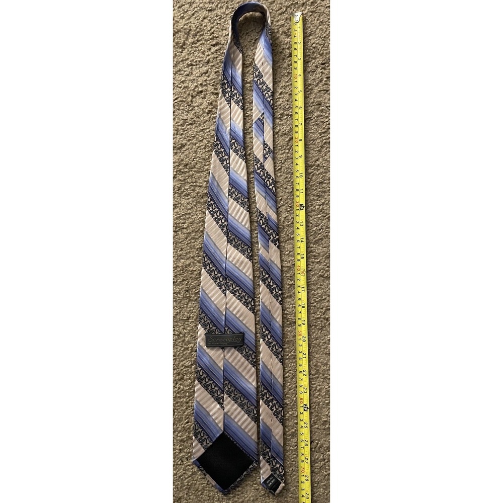 Screenplay Martin Wong Neckwear Tie Blue Gold Contrasting Stripe 100% Silk JBHS - Picture 3 of 6